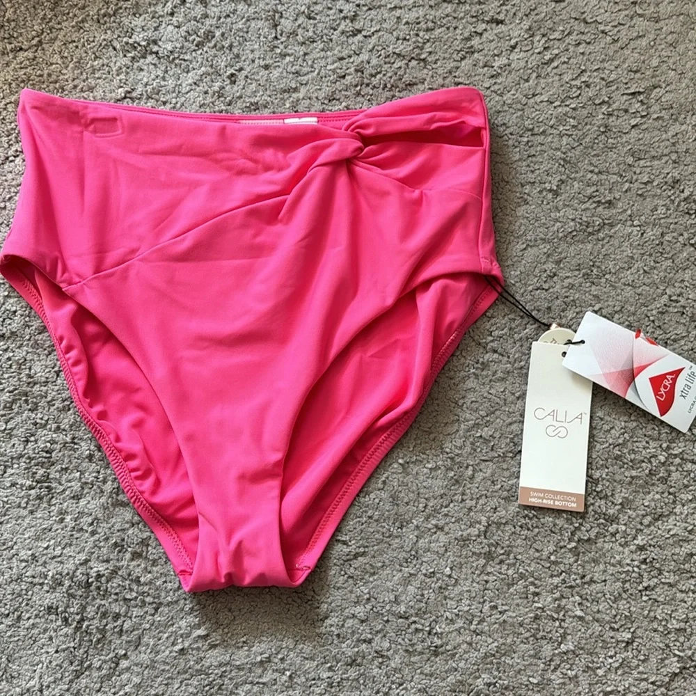 NEW CALIA $44 High Waisted Side Twist Swim suit bikini Bottoms pink waves nwt - Picture 2 of 4